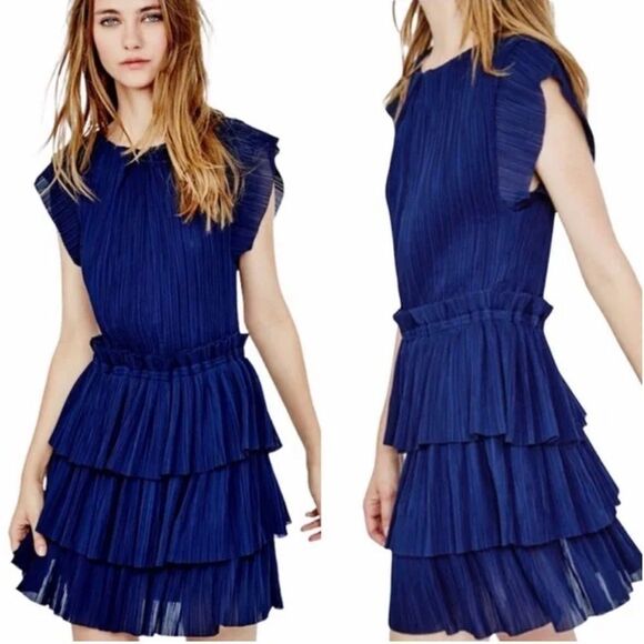 Maje Mini Dress Women Navy Size 2 Pleated Ruffle Tiered - Picture 1 of 13